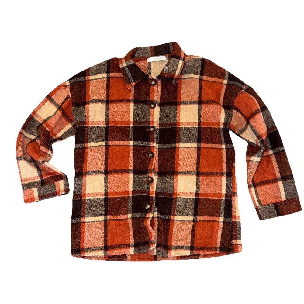 UNISHE Plaid Flannel Shirt Jacket Women Size L Orange Brown Shacket Cozy